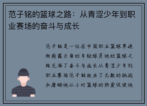 范子铭的篮球之路：从青涩少年到职业赛场的奋斗与成长